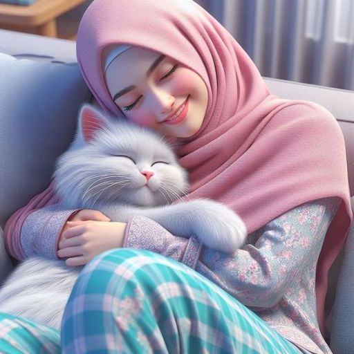 a woman in a hijab hugging a cat