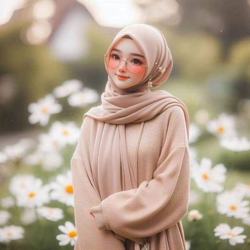 a woman in a hijab standing in a field of daisies