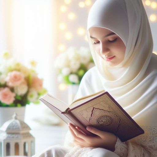 a woman in a white hijab is reading a book