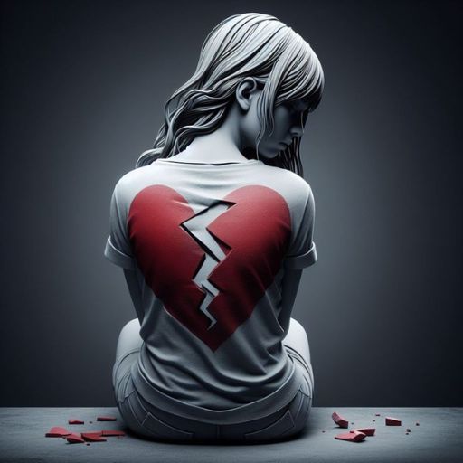 a woman sitting on the ground with a broken heart