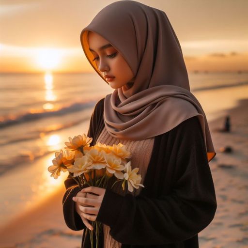 a woman standing on a beach holding a bouquet of flowers