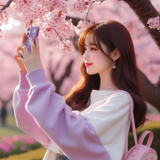 a woman taking a picture of a cherry blossom tree