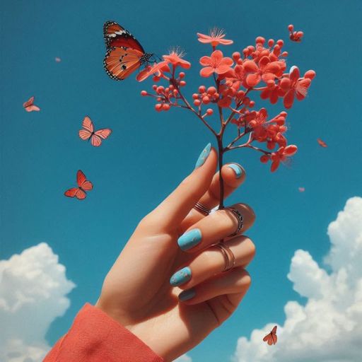 a woman's hand holding a flower with a butterfly flying overhead