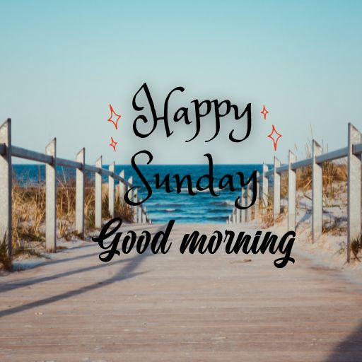 a wooden walkway leading to the beach with the words happy sunday good morning