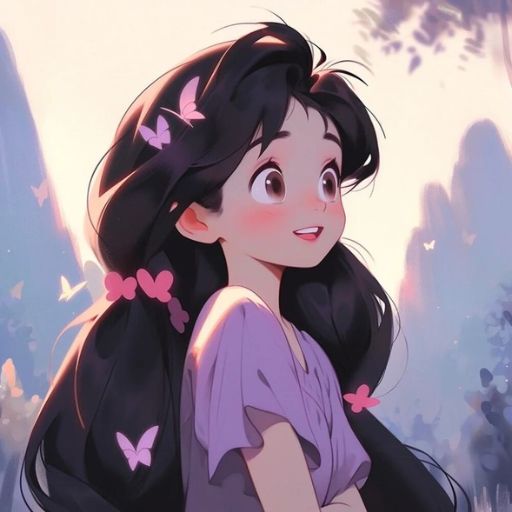 a young girl with long black hair and a butterfly in her hair