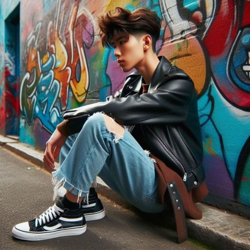 a young man sitting against a graffiti covered wall