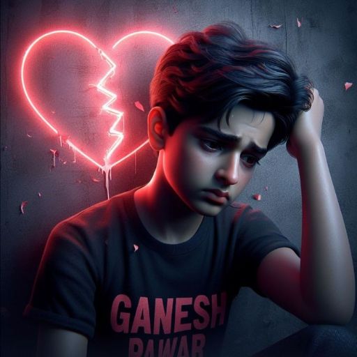 a young man sitting in front of a broken heart