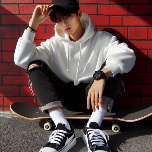 a young man sitting on a skateboard with his hands on his head