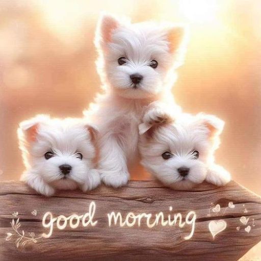 three small white dogs sitting on top of a wooden sign