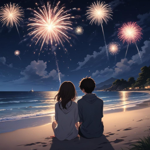 two people sitting on a beach watching fireworks