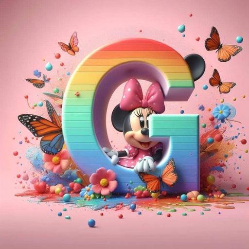 3D illustration of Minnie Mouse with a rainbow letter _G_, surrounded by butterflies and flowers