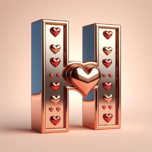 3D metallic letter 'H' with heart shapes embossed on it, on a peach-colored background