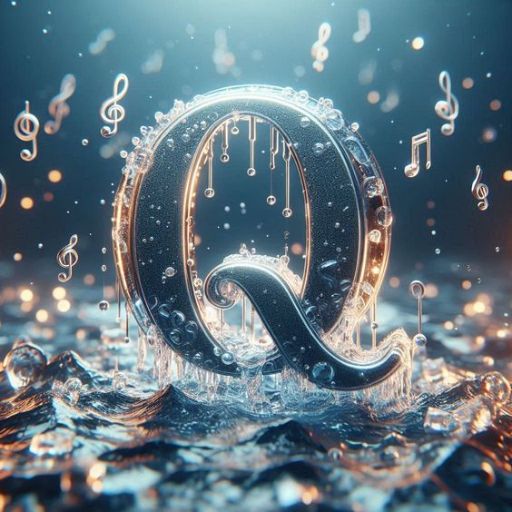 3D musical note with water splashes and floating music notes on a blue background