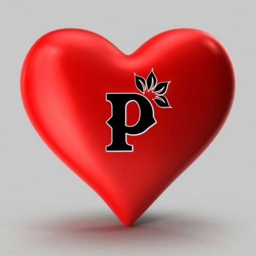 3D red heart with the letter 'P' and a small leaf design on it, against a grey background