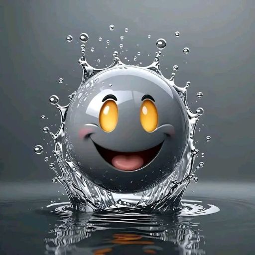 A 3D emoji with a joyous expression making a splash in water, creating a circular wave and water droplets