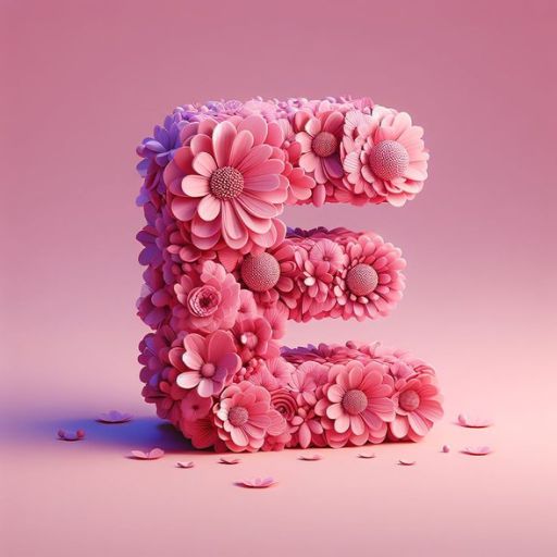 A 3D letter _E_ adorned with pink flowers against a pink background