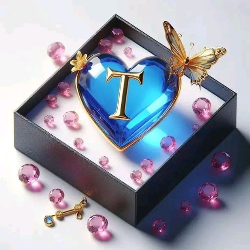 A blue heart-shaped glass bottle with a gold 'T' emblem, adorned by a golden butterfly, in a box surrounded by pink crystals