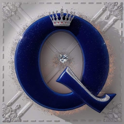 A blue letter _Q_ adorned with a crown and glitter on a decorative grey background