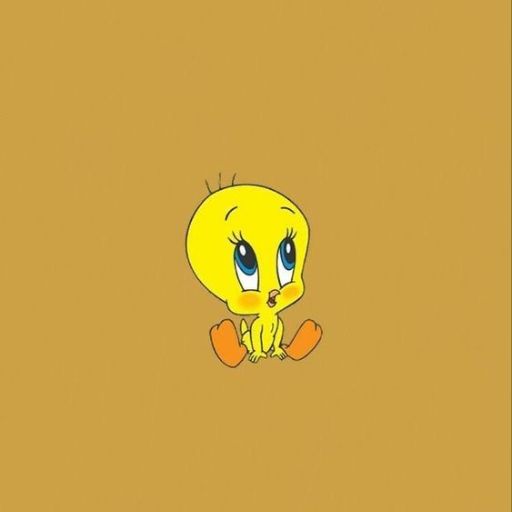 A cartoon illustration of Tweety Bird seated on a matching yellow background