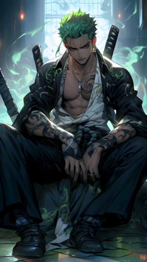 A character with green hair, tattoos, and a black outfit sits with swords on a misty, illuminated backdrop