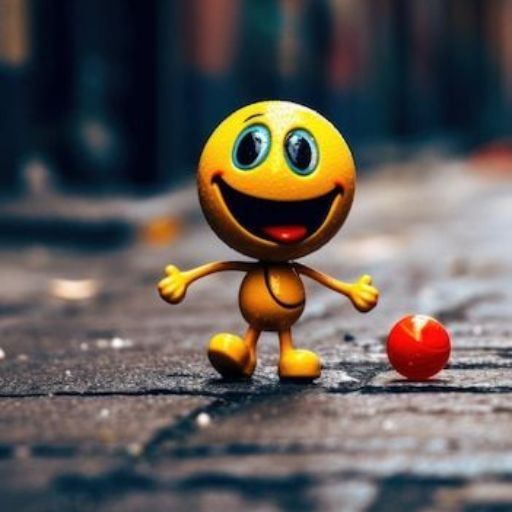 A cheerful 3D smiley face figurine standing on a cobbled street next to a small red ball