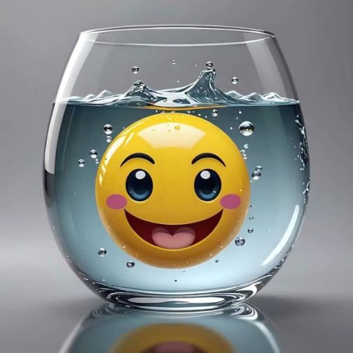 A cheerful emoji ball partially submerged in water inside a clear glass with water splashing around it