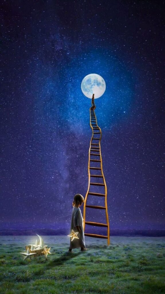 A child with a star lantern looks at a ladder reaching the moon against a starry sky