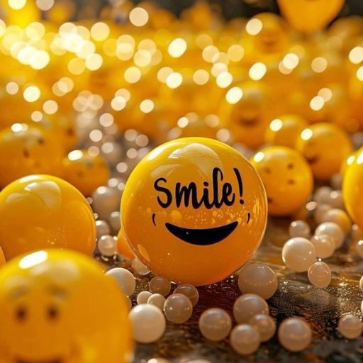 A collection of smiley face balls with a central one that says _Smile!_ amidst sparkling lights