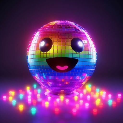 A colorful disco ball with a cute face against a dark background, surrounded by small lights