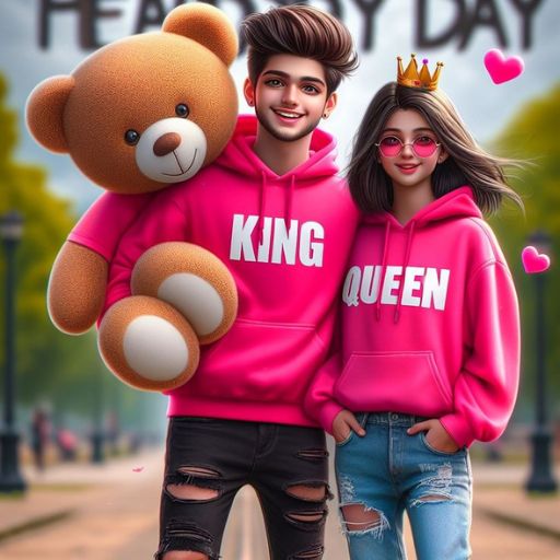 A couple in matching pink hoodies joyfully holds a teddy bear, symbolizing love and affection between them