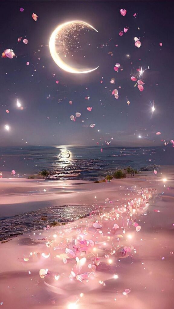 A crescent moon illuminates a beach with pink petals floating in the air and on the sand