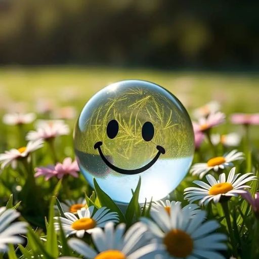 A crystal ball with a smiley face amidst blooming daisies on a sunny day