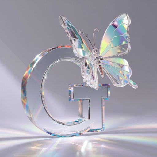 A crystal letter _G_ with a prismatic butterfly perched on top, all against a soft glowing background