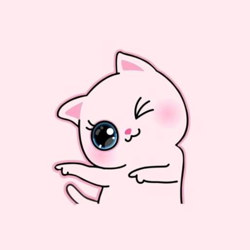 A cute animated pink cat with big sparkling eyes, blushing cheeks, and a playful expression