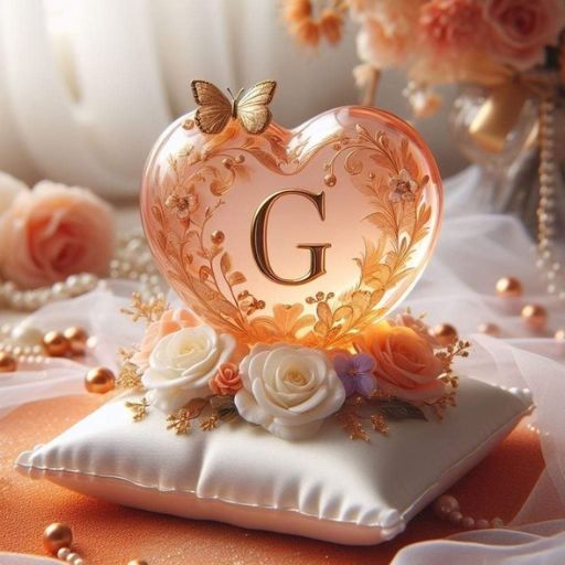 A decorative heart with the letter 'G', adorned with flowers and a butterfly, set on a cushion