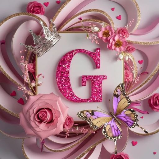 A decorative letter 'G' with flowers, ribbons, a crown, and a butterfly on a pastel background