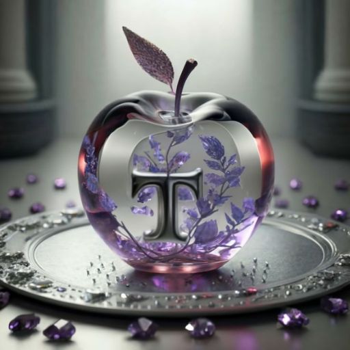 A digital artwork of a glass apple with purple floral designs inside, on a silver tray with scattered gems