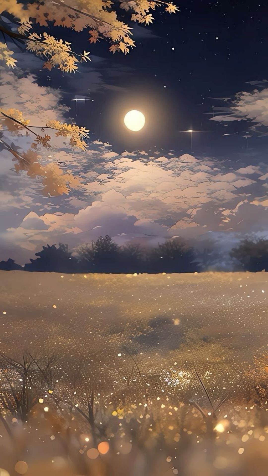 A digital artwork of a serene night with a full moon, glistening field, and falling leaves