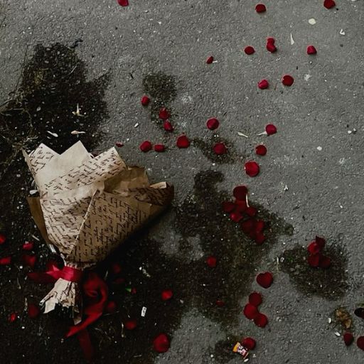 A discarded bouquet with red petals scattered on a dirty pavement