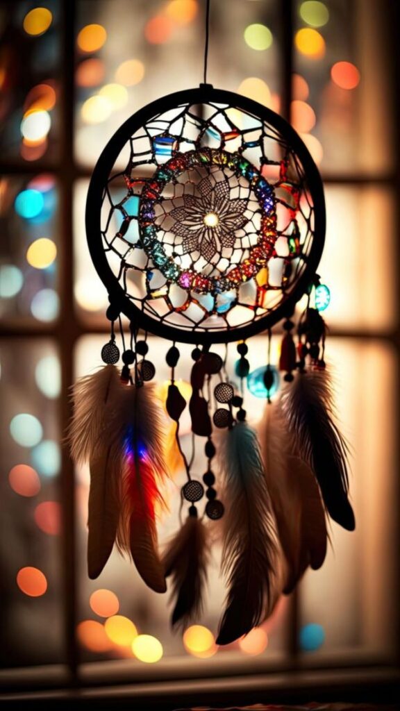 A dreamcatcher against a bokeh light background