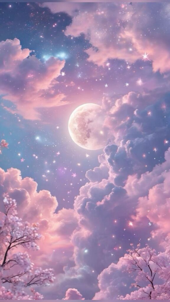 A dreamy sky with a full moon, twinkling stars, and pink clouds, with silhouettes of flowering trees