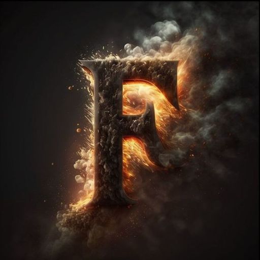 A fiery letter _F_ with embers and smoke against a dark background