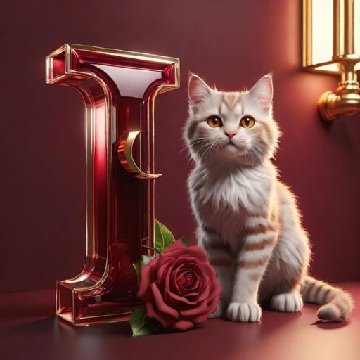 A fluffy cat sitting next to a glossy red letter 'I' and a red rose against a burgundy background