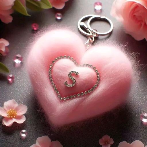 A fluffy pink heart keychain with a rhinestone 'S', surrounded by flowers and petals