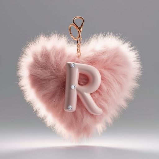 A fluffy pink heart-shaped keychain with a rose gold letter 'R' adorned with crystals