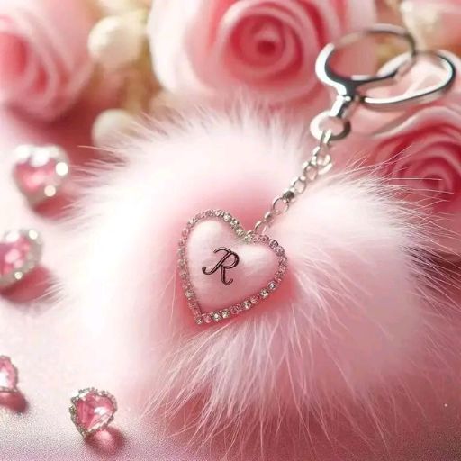 A fluffy pink heart-shaped keychain with a rose gold letter 'R' adorned with crystals