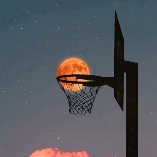 A full moon centered above a basketball hoop against a twilight sky dotted with stars