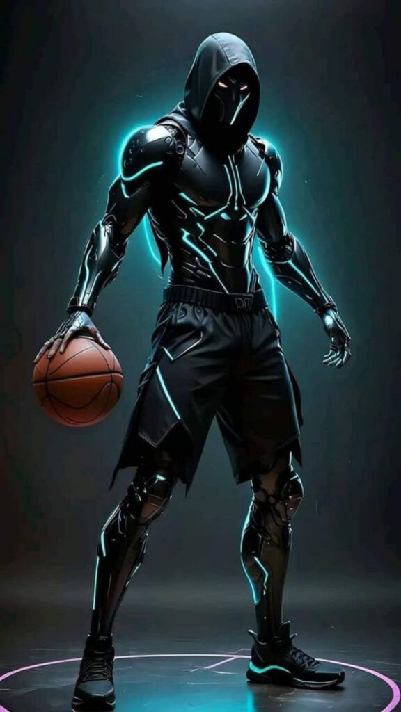 A futuristic athlete in a black suit with glowing blue accents holding a basketball