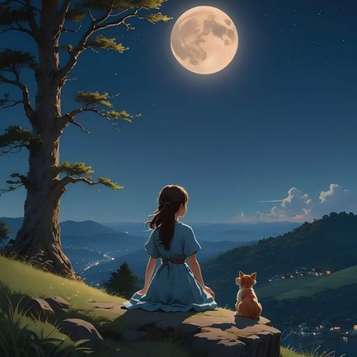 A girl and a cat sit on a hillside at night, gazing at a full moon above a hilly landscape