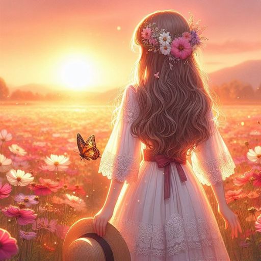 A girl with a floral crown and flowing hair in a flower field at sunset, holding a hat, with a butterfly nearby